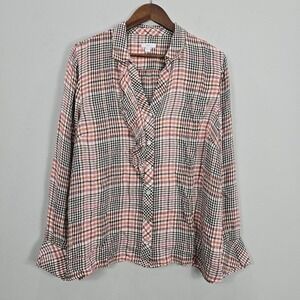 J Jill Button Up Blouse Top Large Pink Brown Plaid V Neck Ruffle Preppy Academia